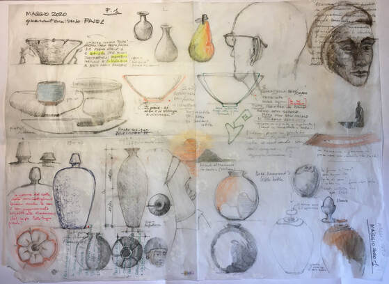 Bozze di appunti progettuali di opere ceramiche realizzata da Cono9. Un'esplorazione del suo processo progettuale.o